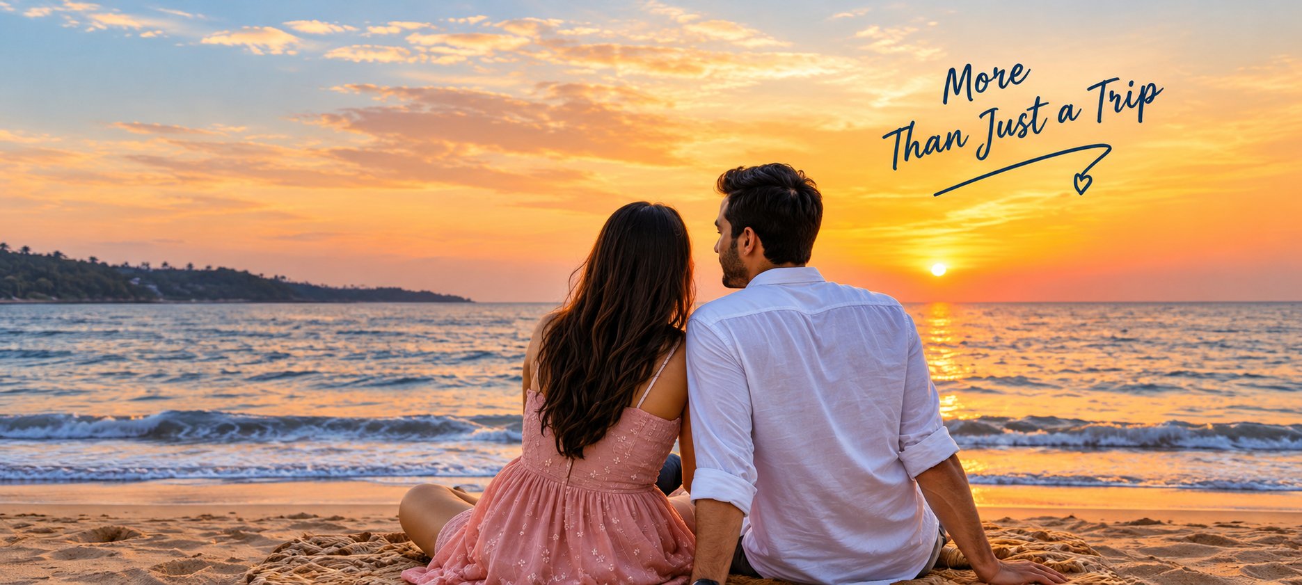 A couple sitting on a beach at sunset