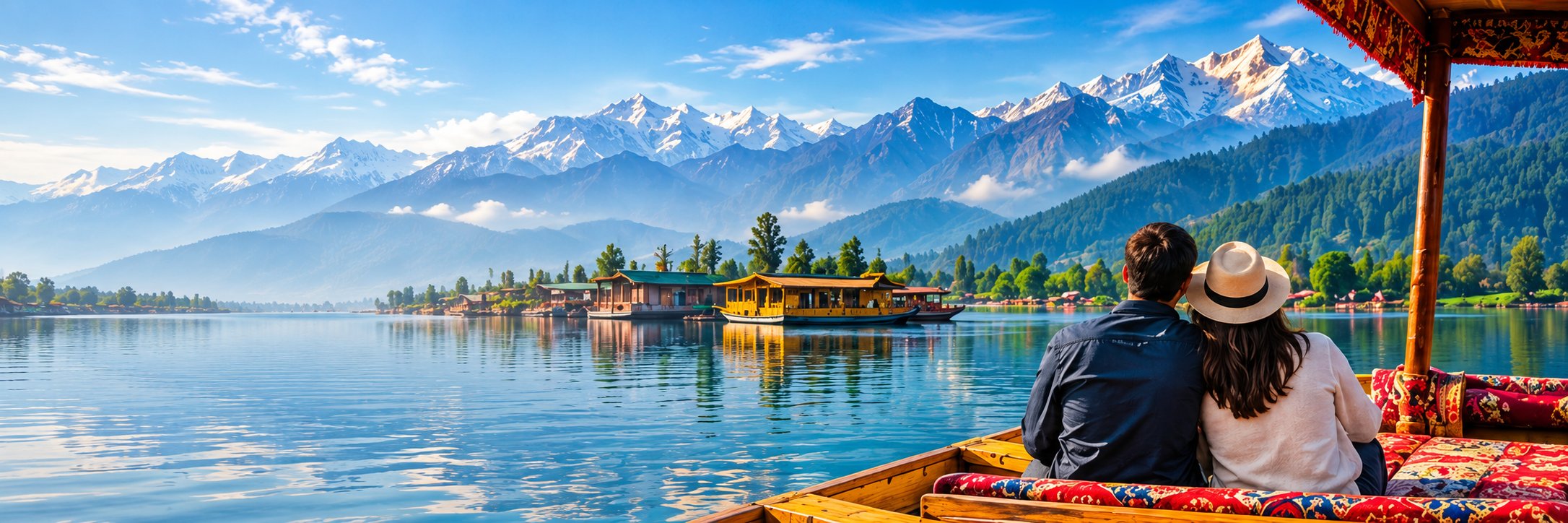 A couple in a shikara on a calm lake, looking at houseboats and snowy mountains