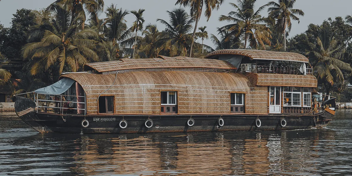A houseboat among coconut palms on the Kerala backwaters